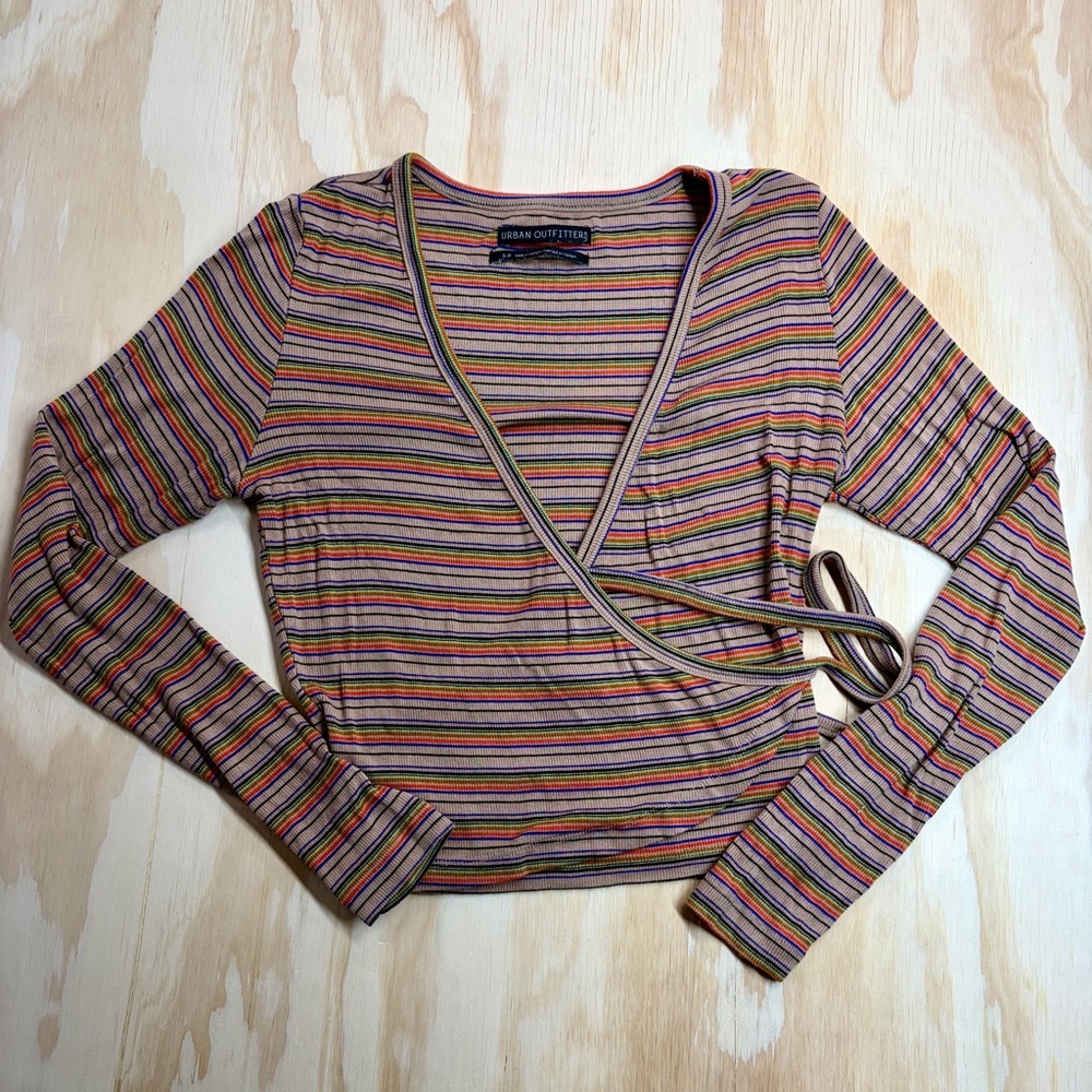 Urban Outfitters Rainbow Stripe Wrap Top Small Long Sleeve Ribbed Knit